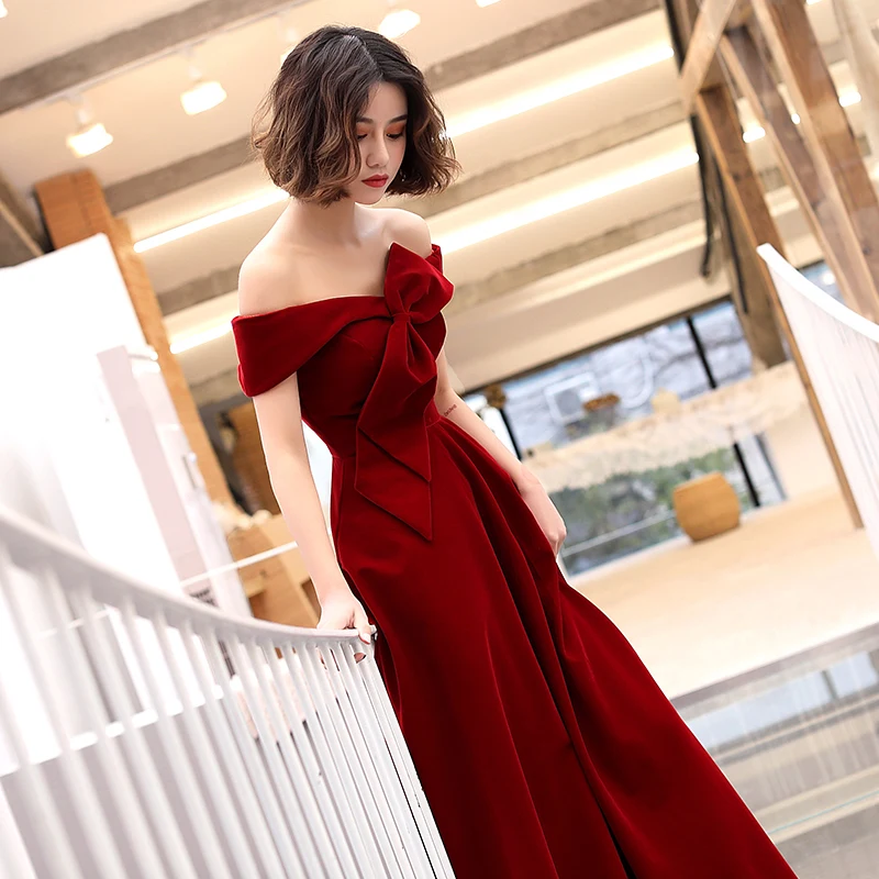 

Burgundy Elegant Satin Evening Dress 2019 Off Shoulder Simple A Line Long Floor Length Cheap Prom Dresses Special Occasion Wear