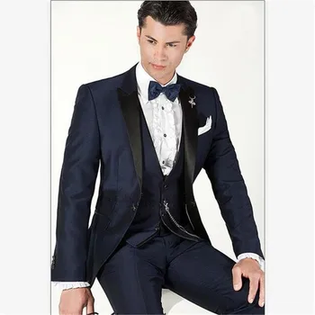 

New Classic Men’s Suit Smolking Noivo Terno Slim Fit Easculino Evening Suits For Men One Button Peak Lapel Navy Blue Groom Tuxed
