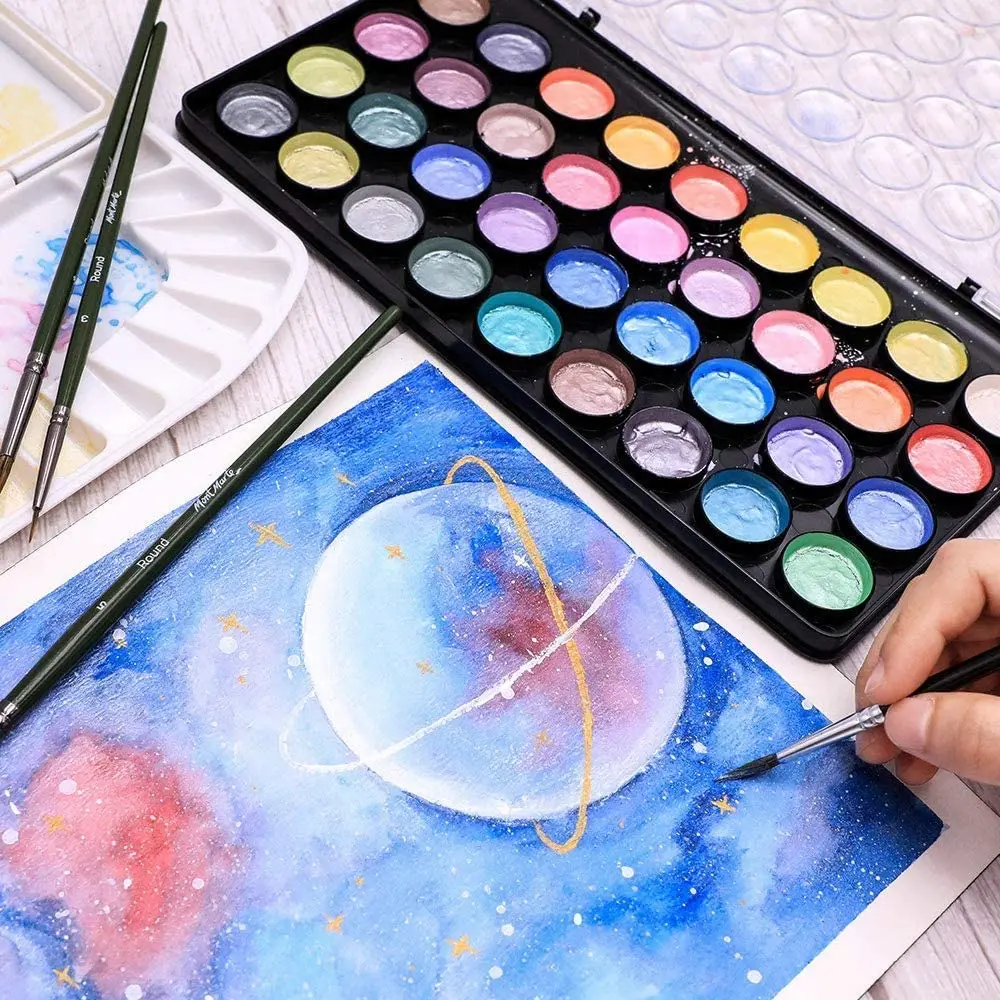 Mont Marte Signature Metallic Watercolor Cake Set, 37 Piece Pearl Paint, 36 Vibrant Colors, 1 Paint Brush