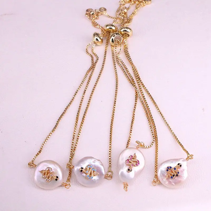 6 шт., натуральный пресноводный жемчуг с красочными фианитами в форме змеи, очаровательный золотой браслет-цепочка, женский модный браслет, ювелирное изделие