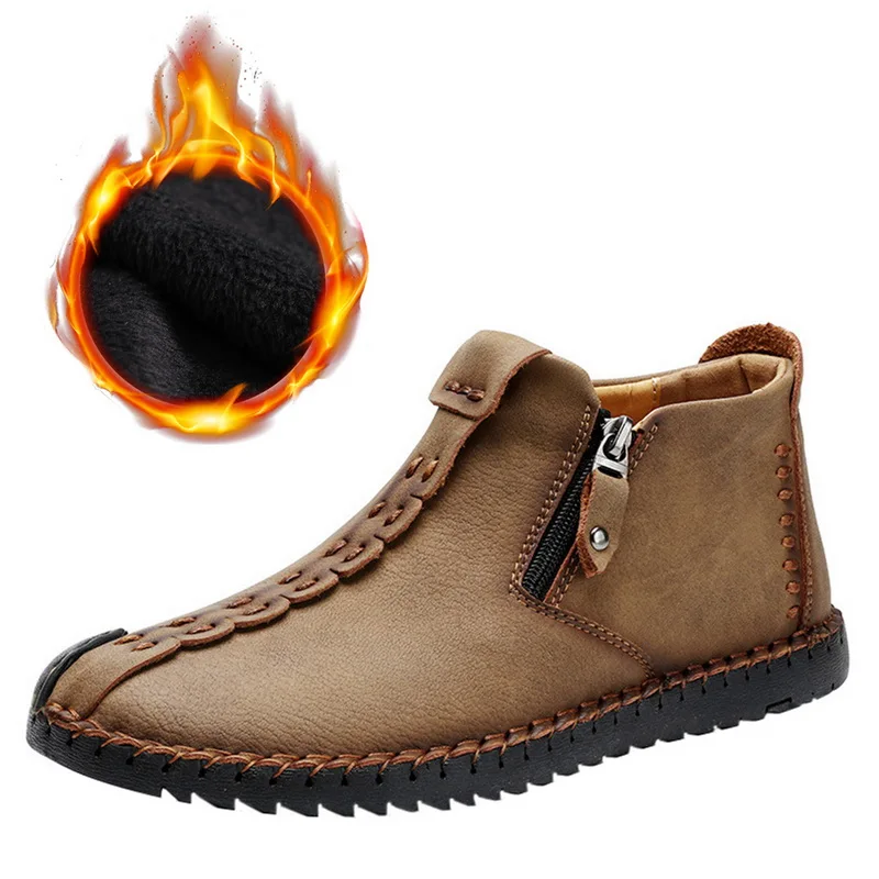 khaki fur HEFLASHOR/Бархатная Зимняя Теплая мужская повседневная кожаная обувь на шнуровке в деловом стиле для взрослых; однотонные полуботинки для студентов; chaussure homme - Цвет: khaki fur