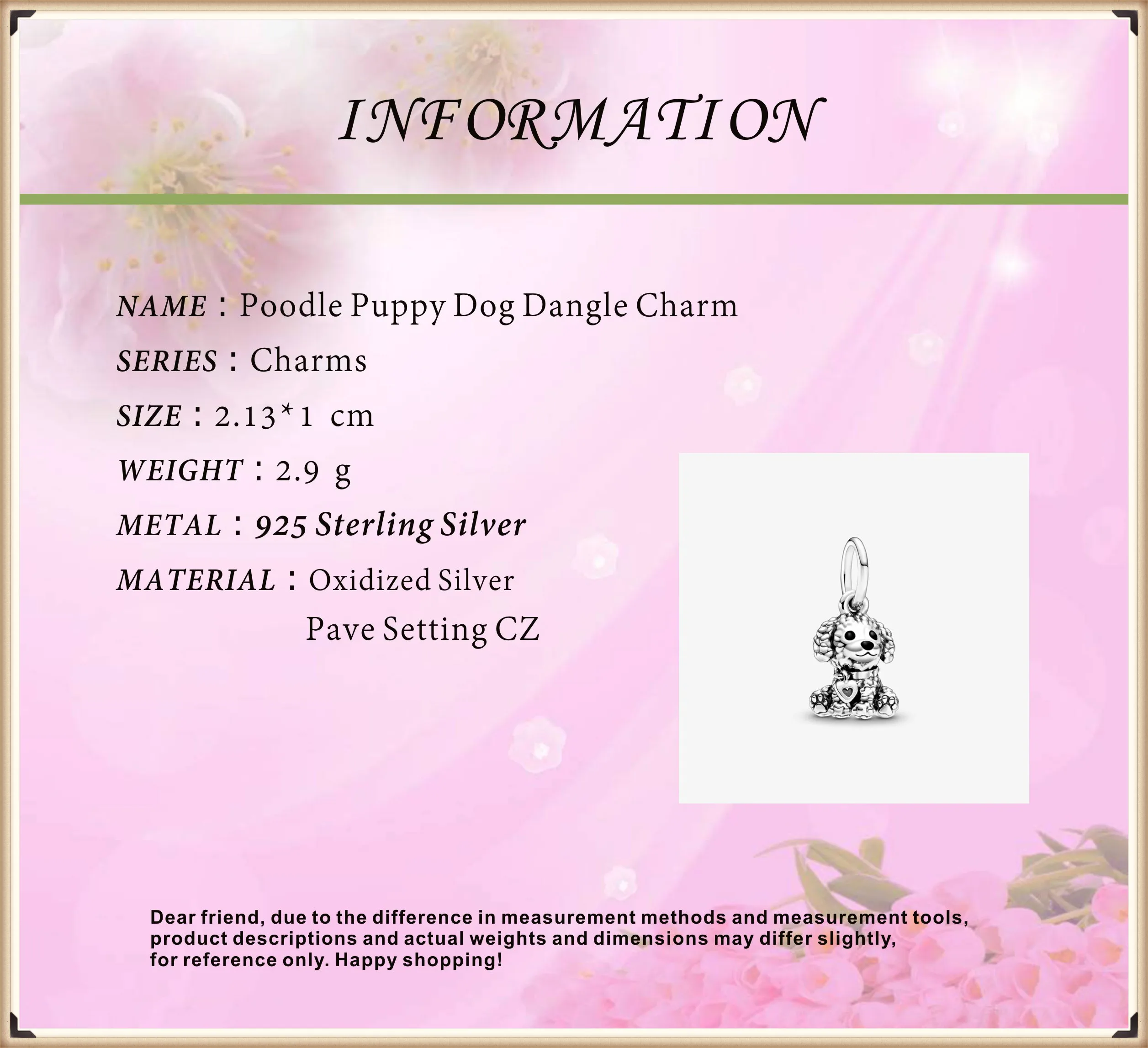 2020 Spring New 925 Sterling Silver Beads Poodle Puppy Dog Dangle Charm fit Original Pandora Bracelets Women Fashion DIY Jewelry 5