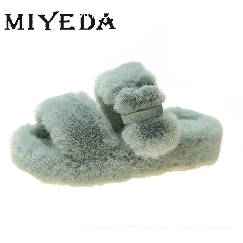 Furry Shoes Winter Slippers Fuzzy Woman Platform Plush Fluffy Fashion Adjustable Indoor