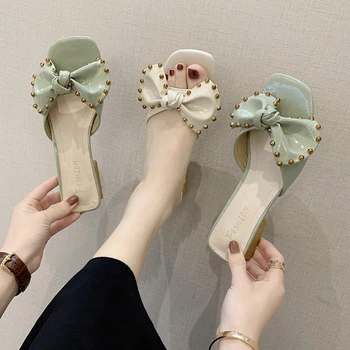 

Rivet Shoes Butterfly-knot Slippers Women Summer Square heel Pantofle Slides Fashion Med Block 2020 Luxury Soft Rome PU Hoof