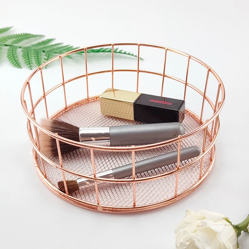 Rose gold iron art Nordic makeup storage box eyeliner brush storage cup dressing table makeup cosmetics round storage basket 4