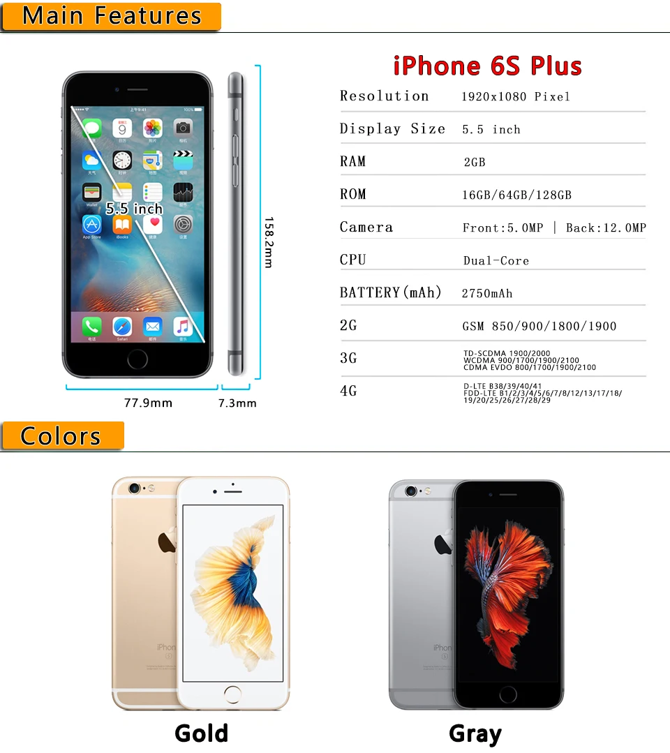 RefurbishedApple iPhone 6S плюс 2 Гб Оперативная память 16 Гб/64/128 ГБ Встроенная память 5,5 дюймовый двухъядерный 12.0MP Камера 4K видео iOS LTE мобильный телефон с определением отпечатка пальца