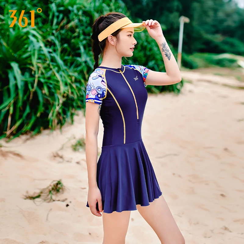 361 Swimsuit Female Summer 2021 One Piece Swim Skirt Short Sleeve Women Swimwear Swim Dress Zipper Stripe Rash Guard