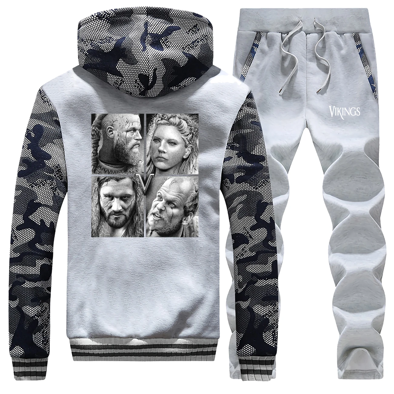 Seller TV Show Viking Men Thick Hoodies Winter Hoodie Sweatshirt Zip Jacket+Pants 2 Piece Sets Warm Suit Hip Hop Brand Men's Tracksuit