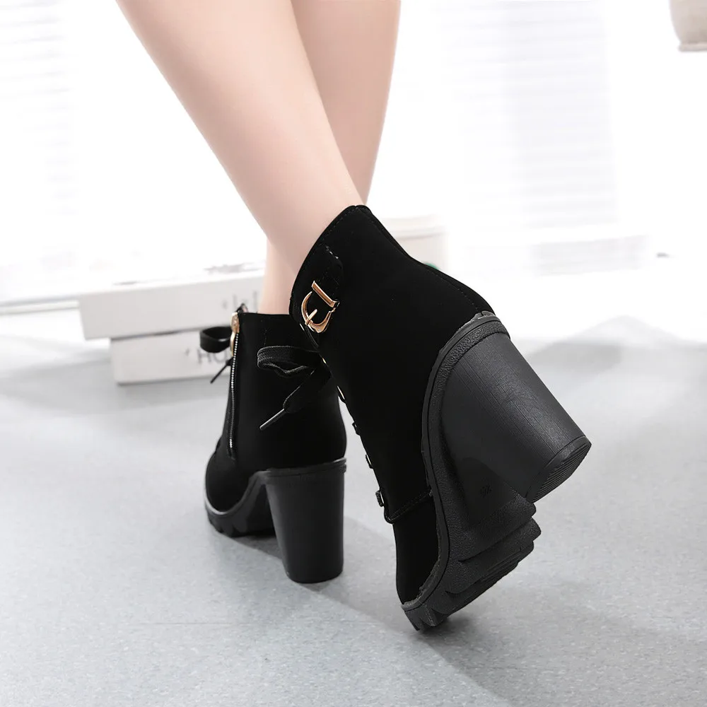 H30 Boots Women Fashion High Heel Lace Up Ankle Boots Ladies Buckle Platform Artificial Leather Women Shoes zapatos de mujer