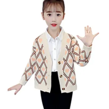 

Hot Sale 4-13 Years Old Baby Girl Sweater Heart Print Cardigan Jacket Rhombus Pattern Cardigan For Teenage Girls Outerwear Coats