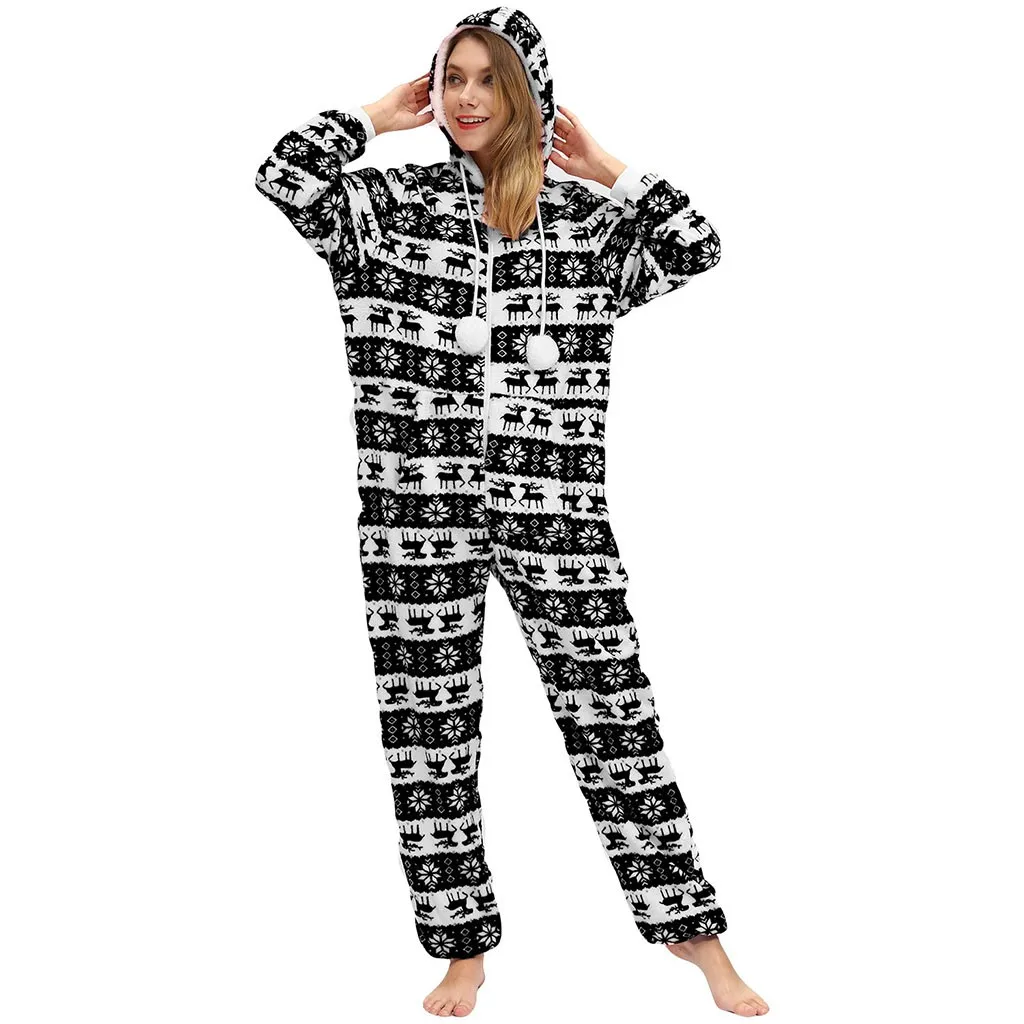 Christmas jumpsuit women Winter fashion Warm Flannel One Piece Hoodie Pajamas Printed Jumpsuit macacao feminino#guahao