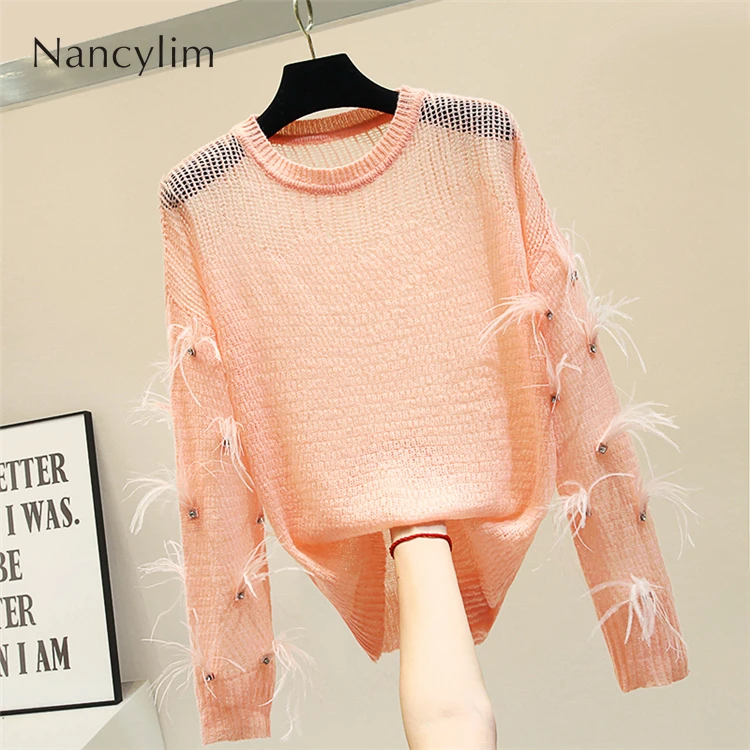 

Pull Sweater Women Autumn New Lazy Wind Feather Decoration Long Sleeve O Neck Loose Knit Shirt Female Oversize Jumper Knitwear