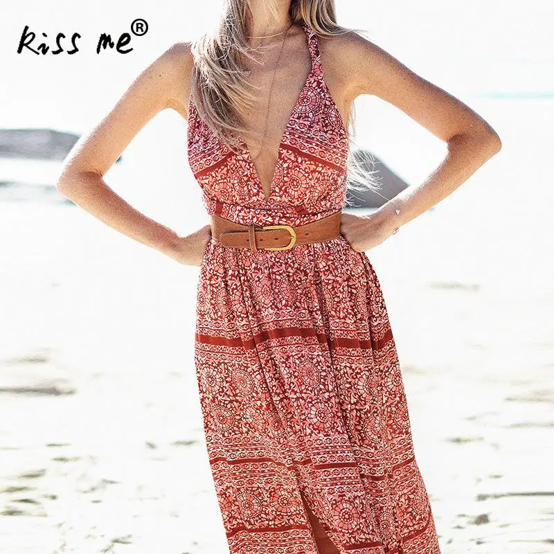 

Bohemian Style Beach Dress Bikini Cover Up Beep V Backless Sexy Maxi Dress Halter Side Slit Long Beach Wear Holiday Summer Dress