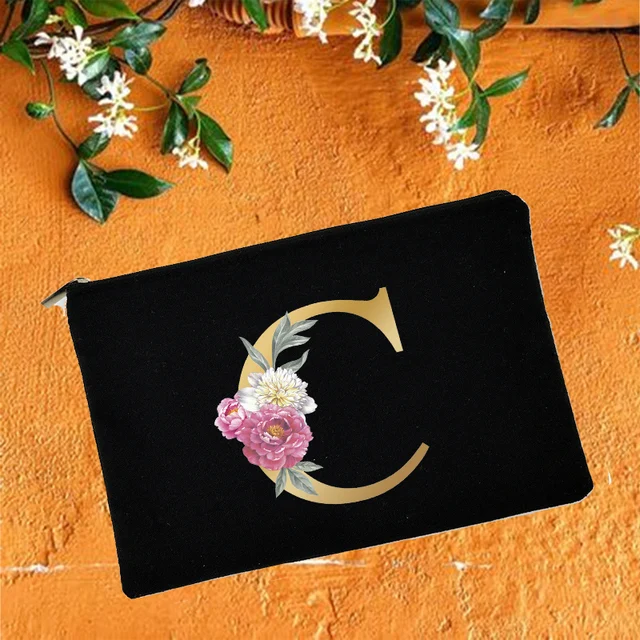 Bridesmaid Makeup Bags Floral Alphabet Print Cosmetic Case Bridal Party Make Up Pouch Necessaries Lady Tote Purse Wedding Gifts W05709-TBBK-D