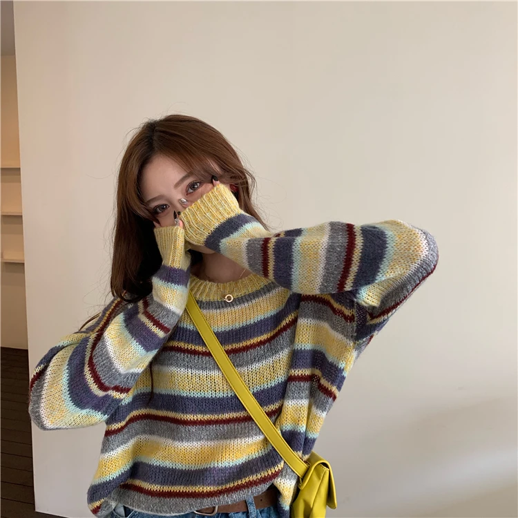 RUGOD корейский свитер Женская мода ins полоса рукав летучая мышь негабаритных свитера женские элегантные красочные auturm свободные пуловеры