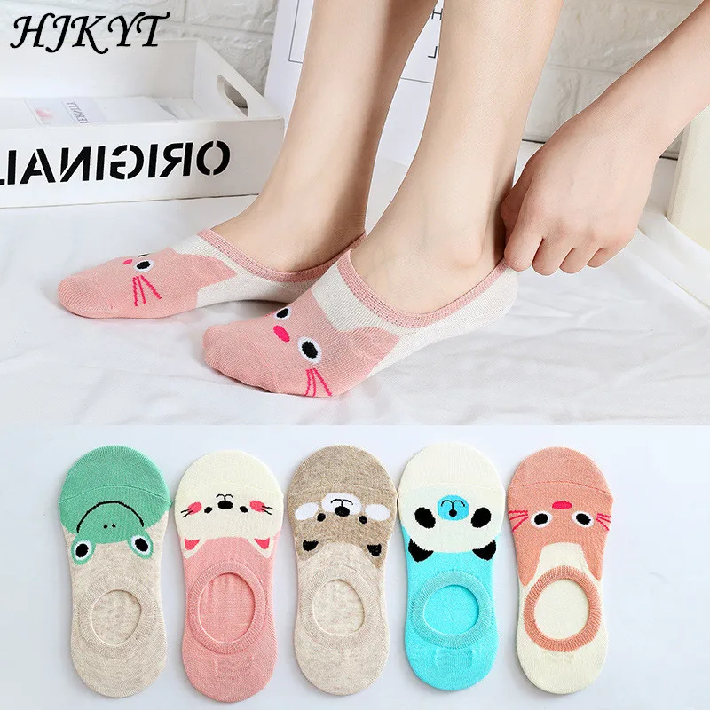 HJKYT/5 пар в партии, носки с котенком, женские носки-лодочки, невидимые Нескользящие, силикагель, harajuku, белый Ленивец, покемон
