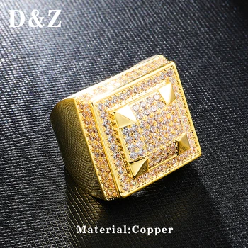 

D&Z Full Micro Paved CZ Geometric Square Rings for Men Gold Silver Color Copper Bague Homme Hip Hop Jewelry
