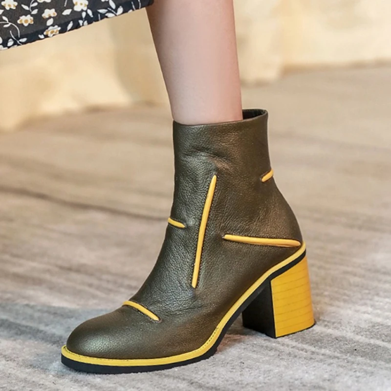 2020 winter new retro leather women's boots color matching thick heel high heel fashion short boots