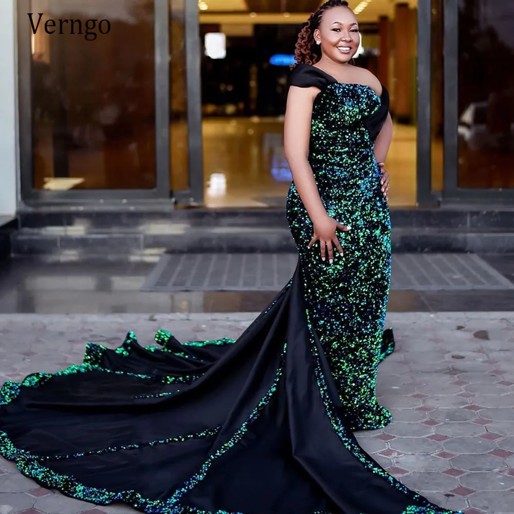 

Verngo 2021 Sparkly Shiny Sequin Evening Dresses Mermaid Sleeves South African Prom Gowns With Long Train Formal Dress Modern