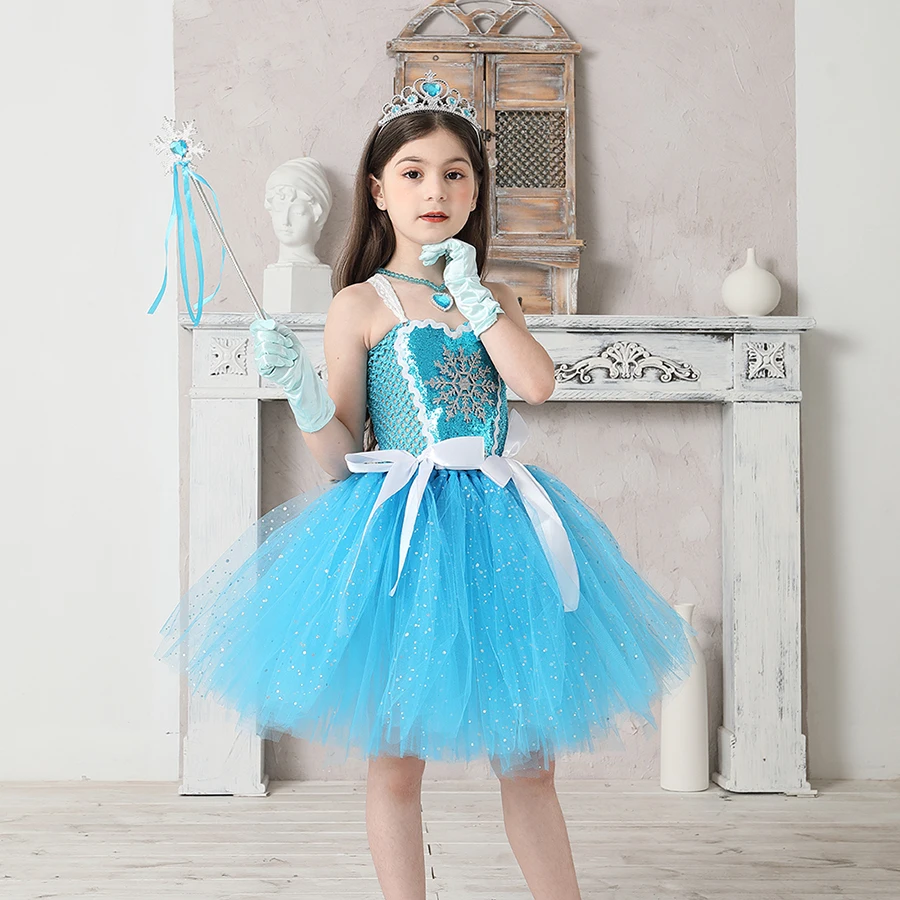 Snow Ice Princess Queen Girls Tutu Dress Glittery Sparkle Handmade Kids Halloween Party Birthday Fancy Dresses Elsa Clothes (4)