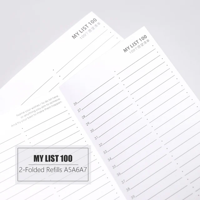 5 Sheets My List 100 Checklist Bucket List Refills A5 A6 A7 Two Fold Refills for 6 Hole Binder Organizer Notebook Papers N.1162