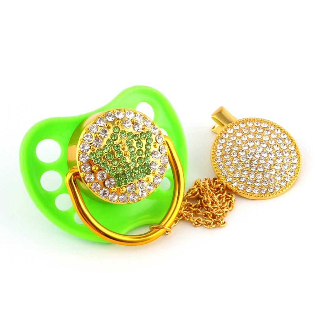 Bling Pacifiers For Babies Luxury Rhinestone Green Crown Orthodontic Nipple Silicone Soother Baby Dummy Clips