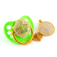 Special Offers Luxury Pacifiers For Babies Rhinestone Green Bling Crown Orthodontic Nipple Silicone Soother Baby Dummy Clips