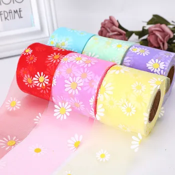 

6cm*25yards Small daisies mesh fabric ribbon tulle Rolls tape for DIY handmade bowknot and Wedding Decor Party Tutu Skirt