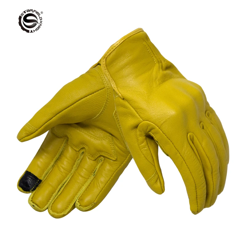 

Motorcycle Gloves Real Leather Full Finger Touch Screen Retro Racing Motorbike Riding Yellow Black Men Wome/ Accessories