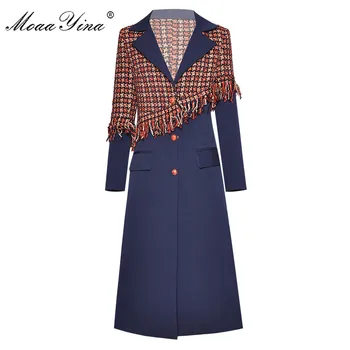 

MoaaYina Fashion Designer Windbreaker Overcoat Autumn Women Long sleeve Tassel Woolen cloth Patchwork Overcoat