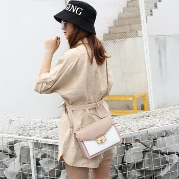 

2020 New Style Genuine Leather Contrast Color Bag Bag Women's Trend Hand Shoulder Square Sling Bag