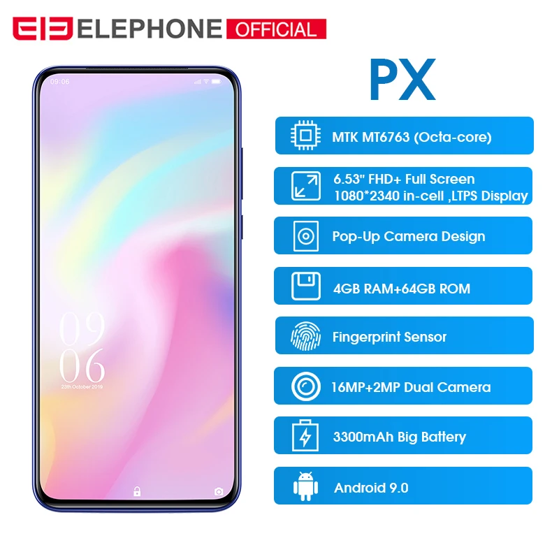 Elephone PX 6,5" FHD+ полноэкранный глобальный мобильный телефон Android 9,0 MT6763 дизайн всплывающая камера 16 МП камера смартфон