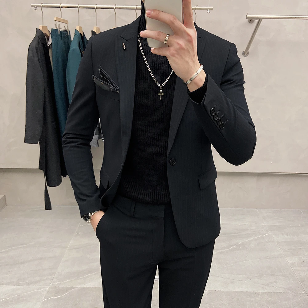 Chaqueta y pantalones de estilo británico para hombre, a la moda traje a rayas, ropa Formal de negocios Simple, chaquetas de vestir de boda, 2 piezas, 4x L, 2020