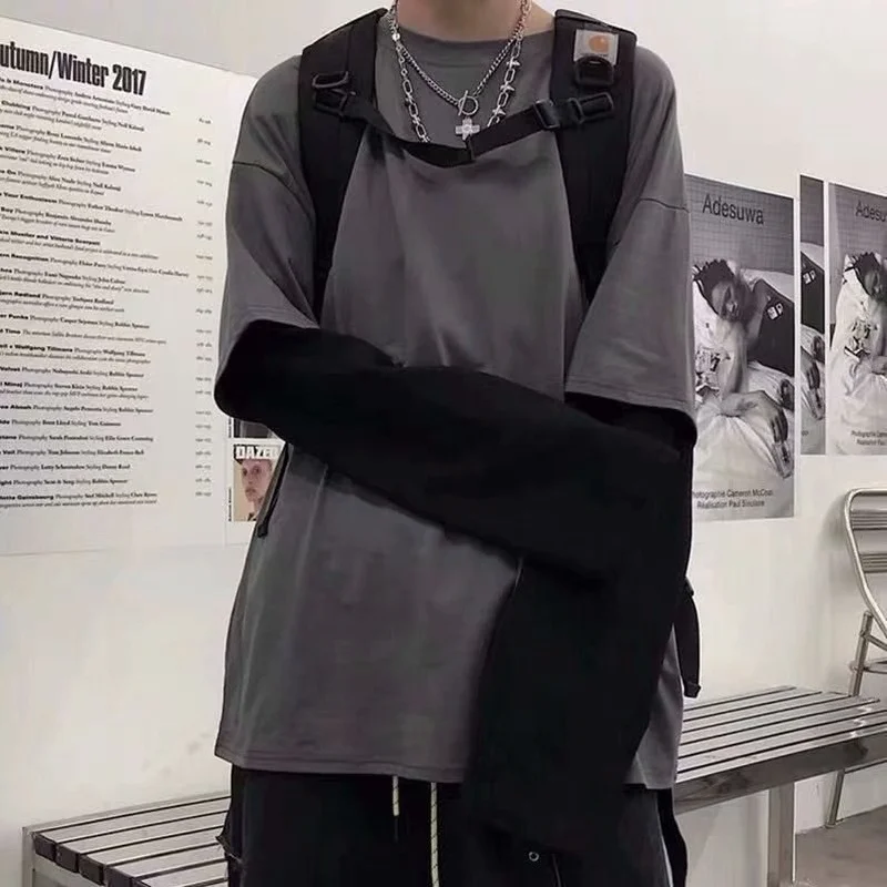 T-shirt Unisex Harajuku A Righe Finto Due Pezzi - Maglia Oversize Manica Lunga, Streetwear Casuale, Top Gotico