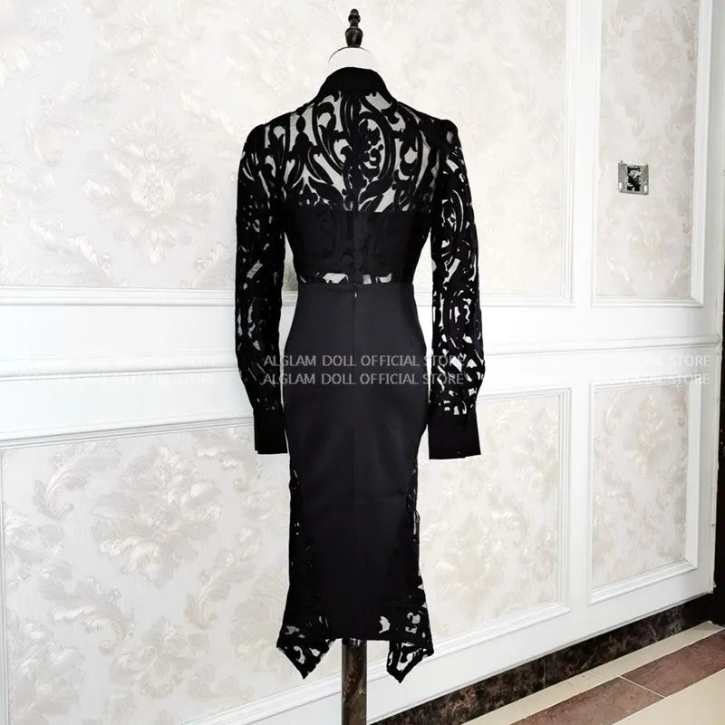 Осенняя офисная Черная Кружевная блуза с отложным воротником, облегающая юбка-карандаш, юбка-карандаш, комплект из двух предметов, сексуальное платье для работы