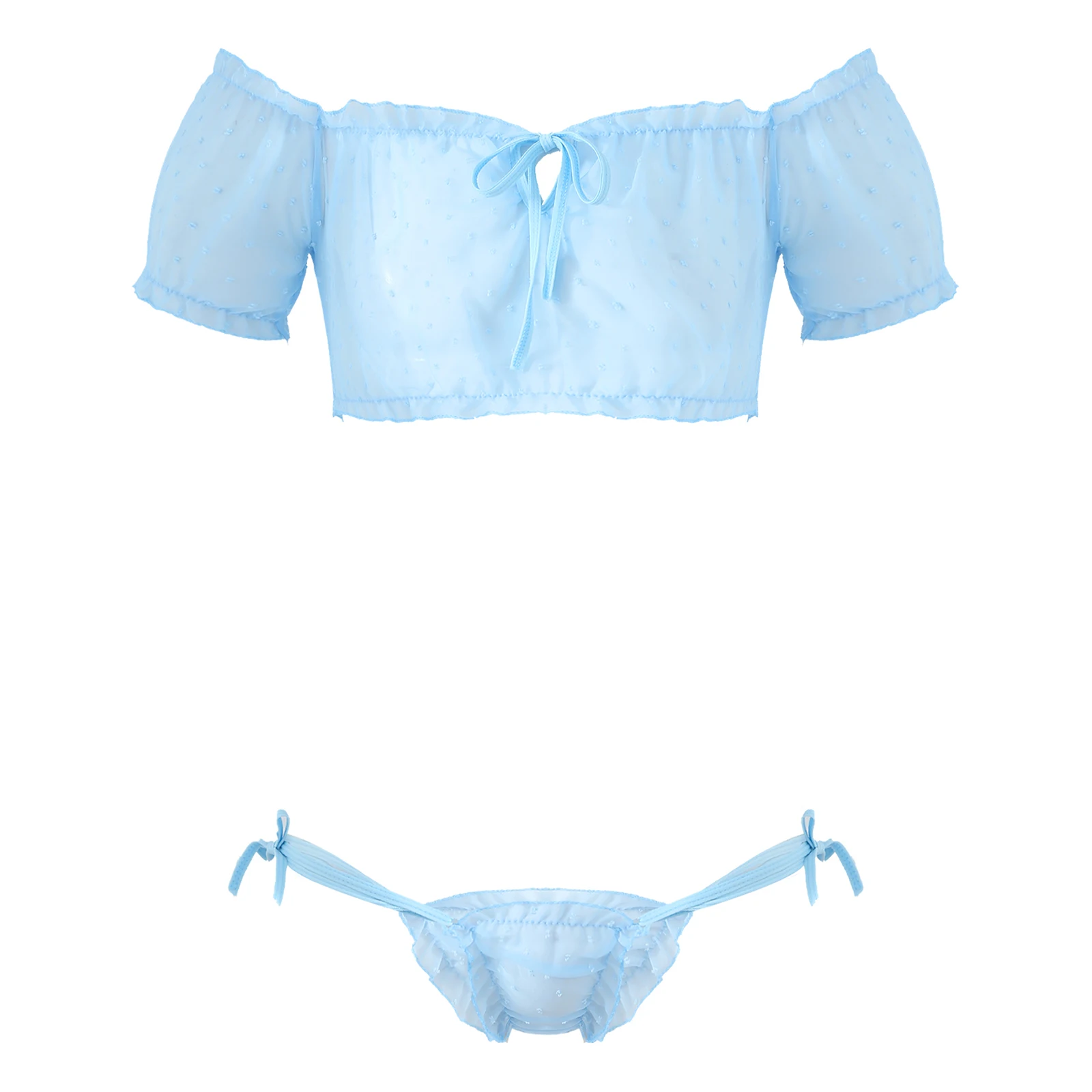 2 piece sheer lingerie set including cropped ruffled camisole and high  waisted tap pants