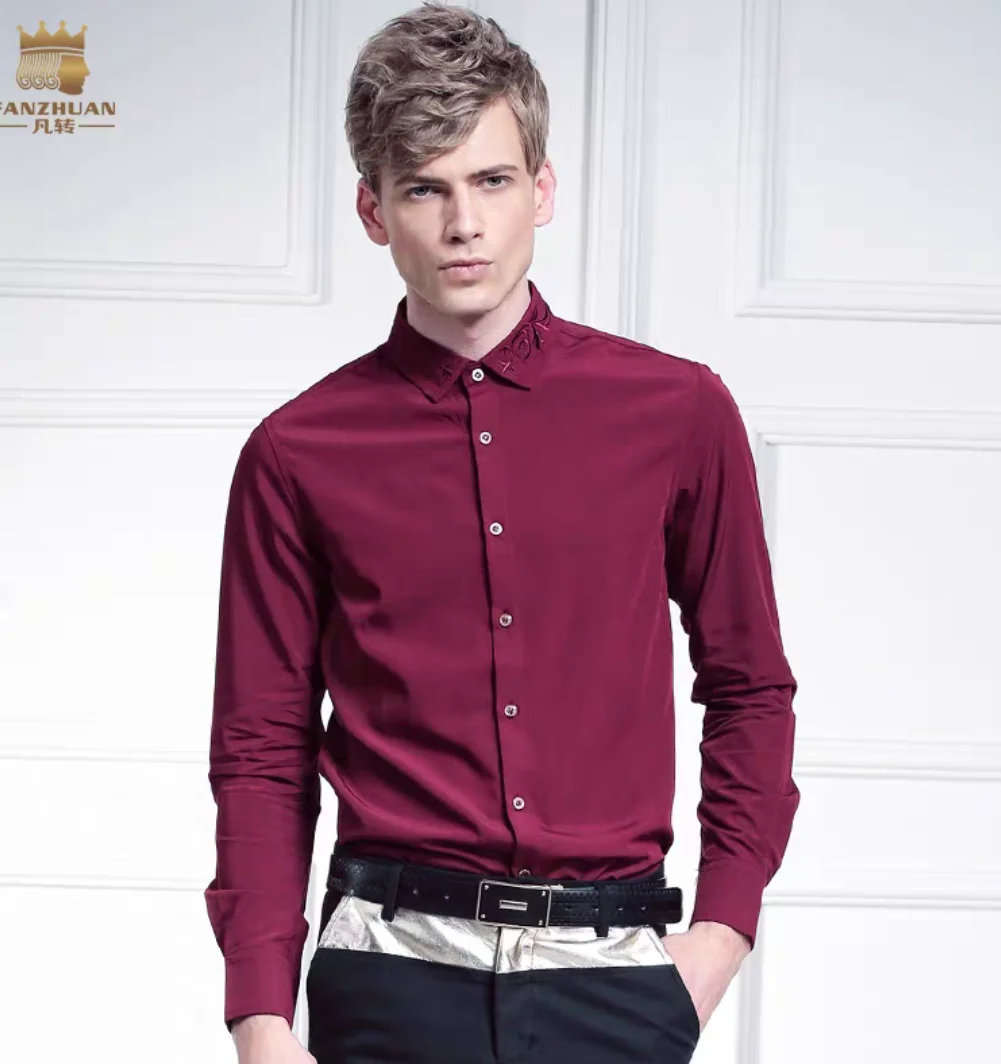 style B wine red Новая Мужская модная повседневная Осенняя Корейская тонкая рубашка с вышитыми цветами 512013 - Цвет: style B wine red