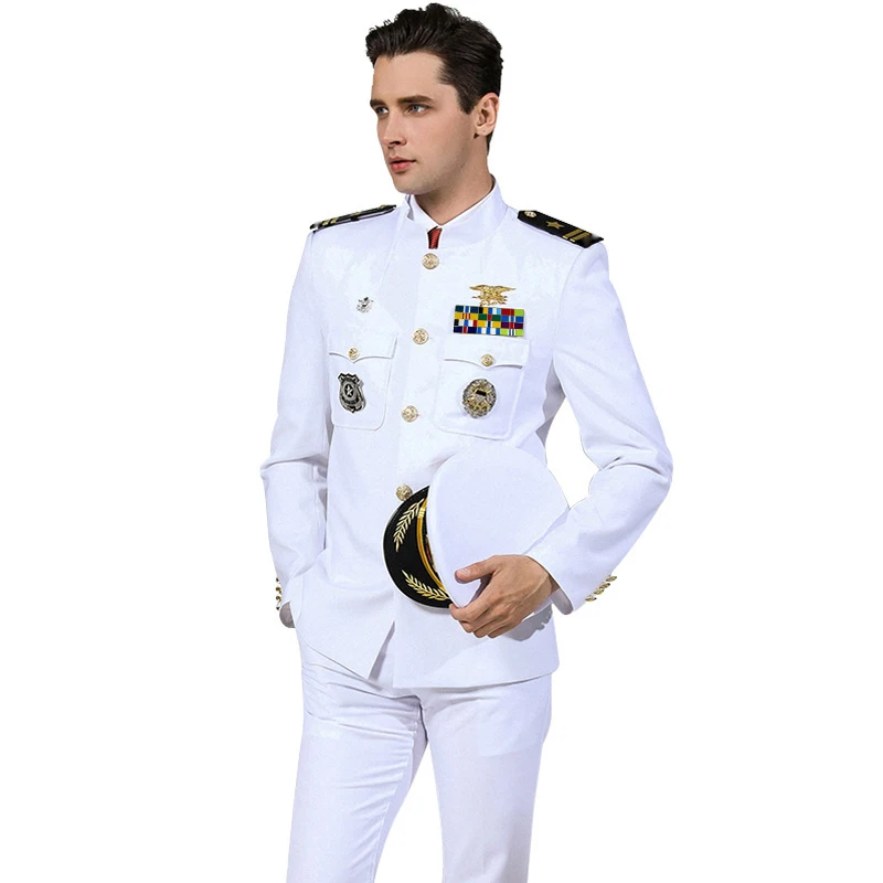 

US Standard Navy Uniform White military Clothing Male America Navy Formal attire White Military Suits Hat + Jacket + Trousers