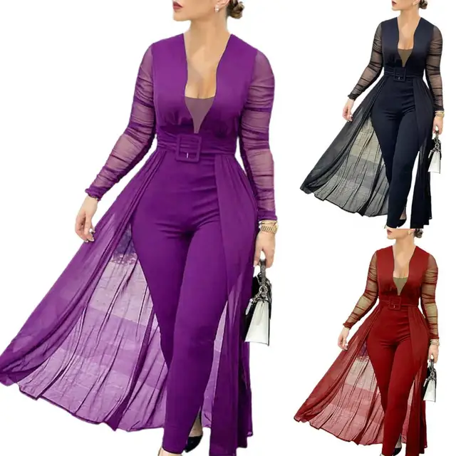 Women Jumpsuit Solid Color Skinny Playsuit Women Long Sleeve Sheer Patchwork Waist Tight Belt Overall for Party robe 4