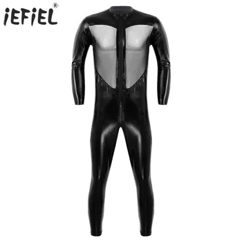 

Unisex Mesh Spliced Bodysuit Zipper Front Open Crotch Leather Bodysuit Men Women Clubwear Wetlook Long Sleeves Bodysuit