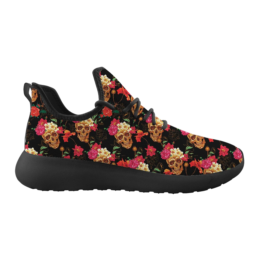 New Trendy Skull Flower 3D Pattern Men Comfortable Fly Weaving Shoes Women Mesh Light Low Lace Up Flats Outdoor Summer Sneaker | Обувь