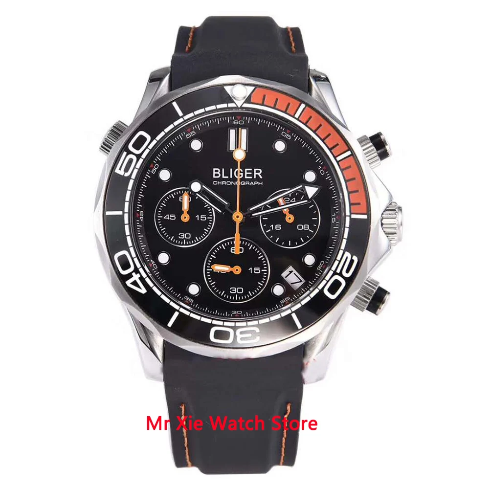 

Bliger 41mm VK Quartz Wristwatch Men Sapphire Glass Luminous Waterproof Rubber Strap Date Sport Chronograph Function Watch Men