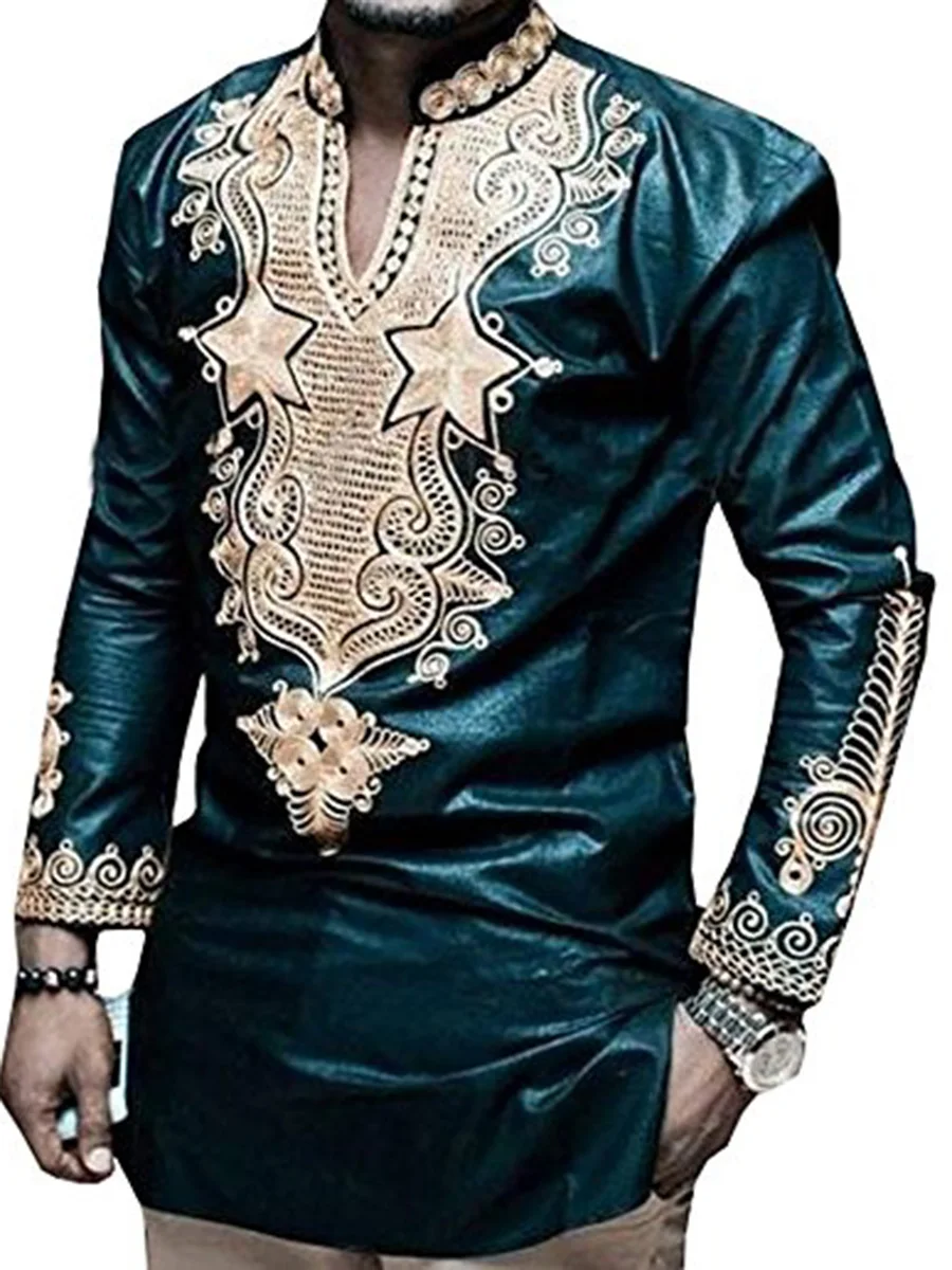 Дашики Африканский принт v-образным вырезом Vogue Мужская рубашка размера плюс Африканский стиль Riche Bazin стоячий воротник с длинным рукавом Топы для мужчин Дашики