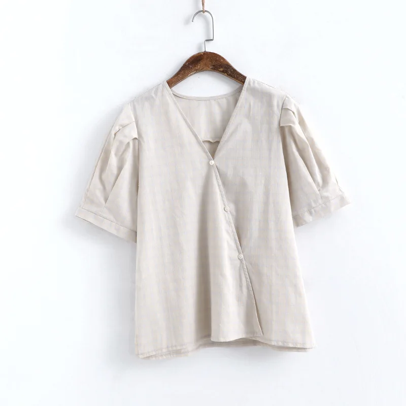 Women 2020 Summer Retro Casual Slim Thin Girl V-neck Slant Placket Tops Female Bubble Sleeves Single-breasted Lattice Blouse