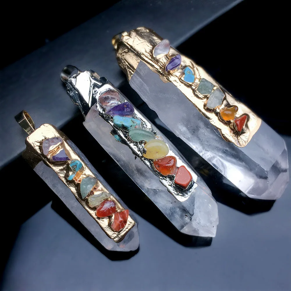 

Retro 7 Chakras Pendants Natural Clear Quartz Crystal Stone Chakra Reiki Healing Pendant Point Rainbow Stone Pendants Women Male
