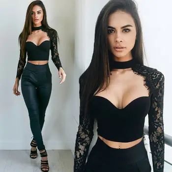 

Meihuida Womens Sexy Halter Long Sleeve Slim Lace Flore Solid Skinny Short Shirt Crop Tops Nightclub Wear