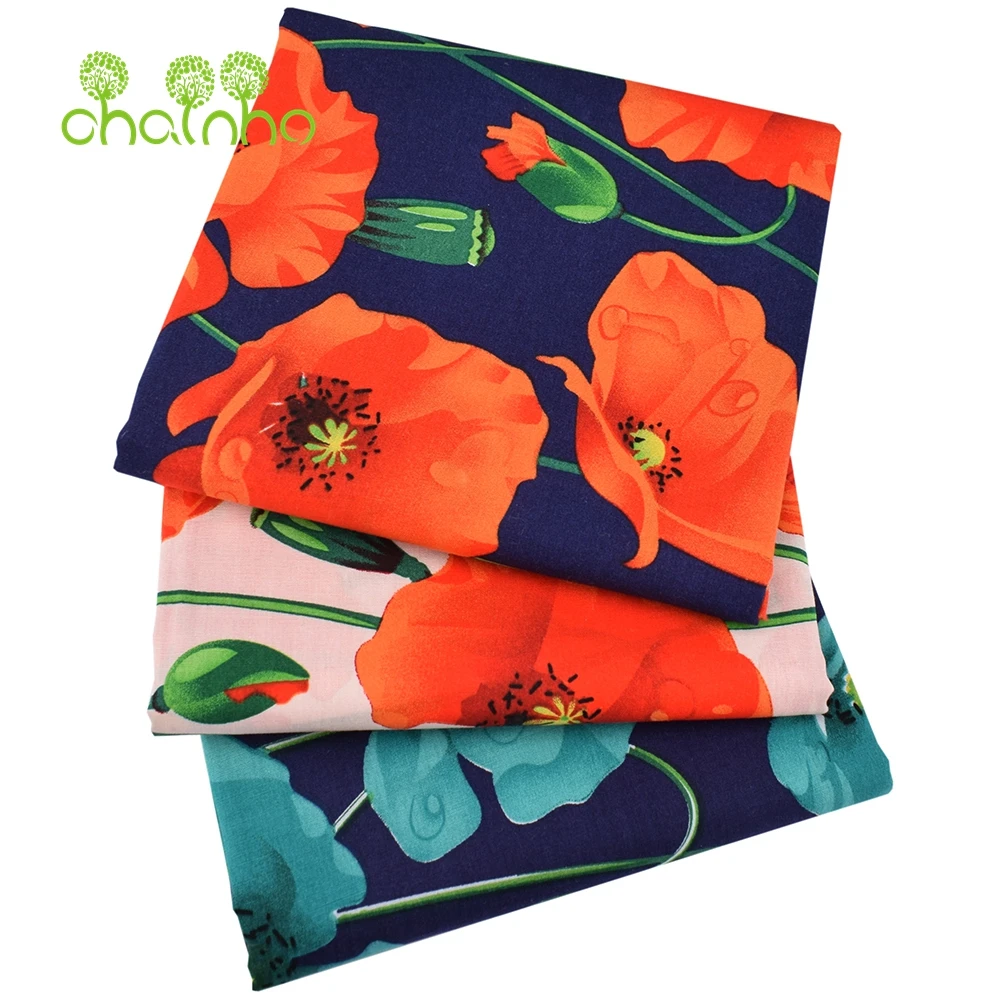 Chainho,Printed Plain Poplin Cotton Fabric,DIY Sewing Quilting Material For Baby & Child's Shirt,Skirt,Dress,Poppy Floral Series