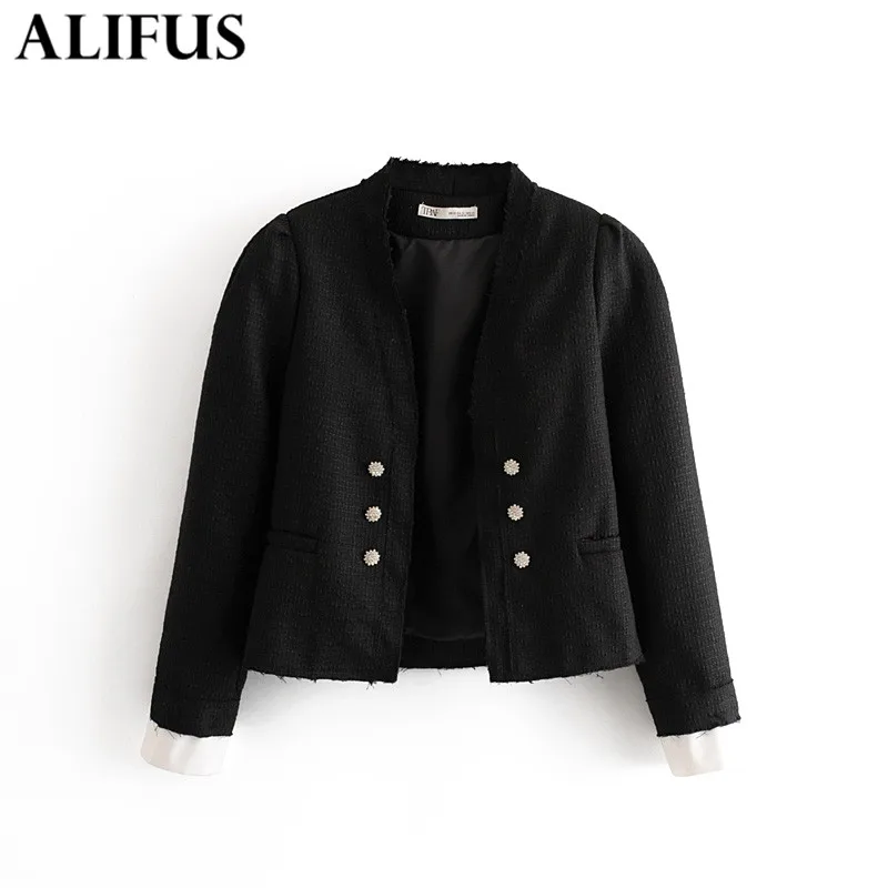 

Fashion Za 2019 Women Solid Color Pockets Long Sleeves V-neck Jacket Elegant Double Breasted Jackets Female Ladies