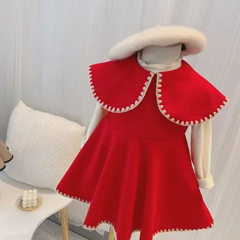 

2020 Autumn and Winter Girls Large Lapel Dress Woolen Graceful Vest dresses Baby Girl Princess Dress Suit with white tops