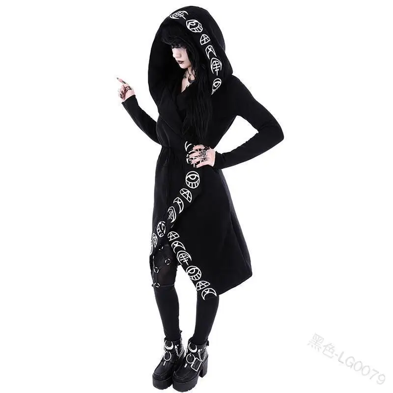 Halloween Cosplay Gothic Punk Witch Hooded Costume For Adult Women Black Slim Print Moon Long Coats Sweatshirts Plus Size 4XL